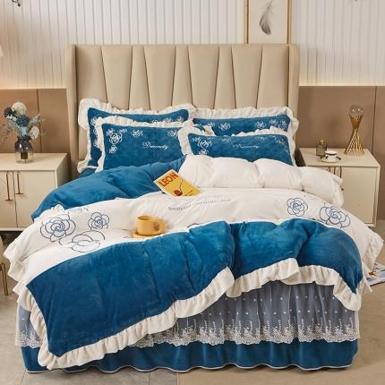 宜凡 2022新款A类牛奶绒绣花床裙三四件套 花间序语-藏蓝