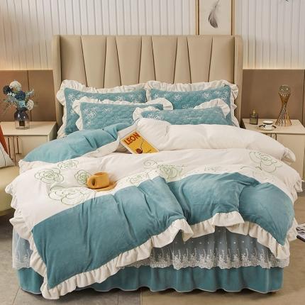 宜凡 2022新款A类牛奶绒绣花床裙三四件套 花间序语-孔雀绿