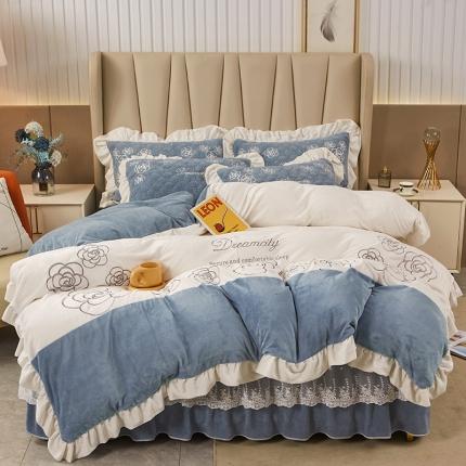 宜凡 2022新款A类牛奶绒绣花床裙三四件套 花间序语-蓝灰