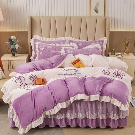 宜凡 2022新款A类牛奶绒绣花床裙三四件套 花间序语-紫罗兰