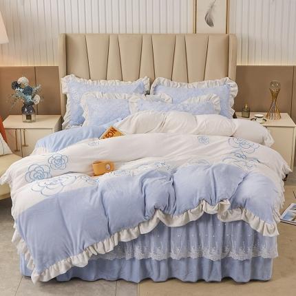 宜凡 2022新款A类牛奶绒绣花床裙三四件套 花间序语-雪青