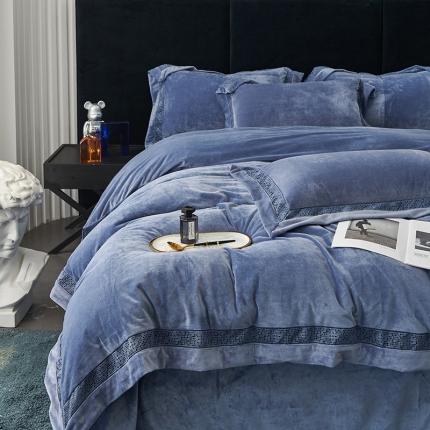 时亿 2022新款A类高克重纯色婴儿绒牛奶绒四件套 雾蓝