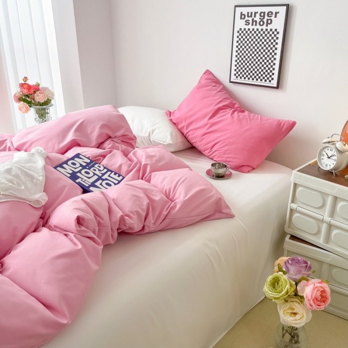 91家纺网 家纺一手货源 找家纺 雨帆家纺2022新款纯色系列四件套 草莓奶昔