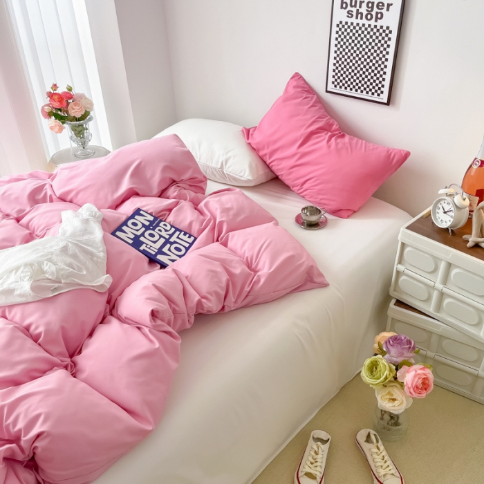 91家纺网 家纺一手货源 找家纺 雨帆家纺2022新款纯色系列四件套 草莓奶昔