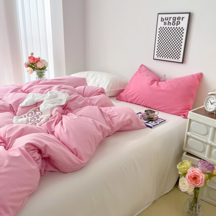 91家纺网 家纺一手货源 找家纺 雨帆家纺2022新款纯色系列四件套 草莓奶昔