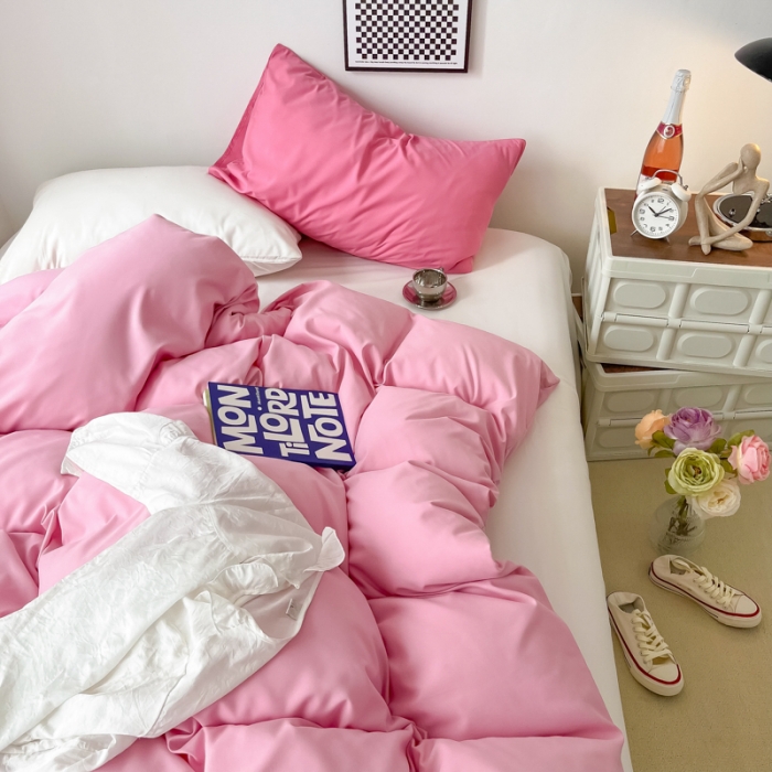 91家纺网 家纺一手货源 找家纺 雨帆家纺2022新款纯色系列四件套 草莓奶昔