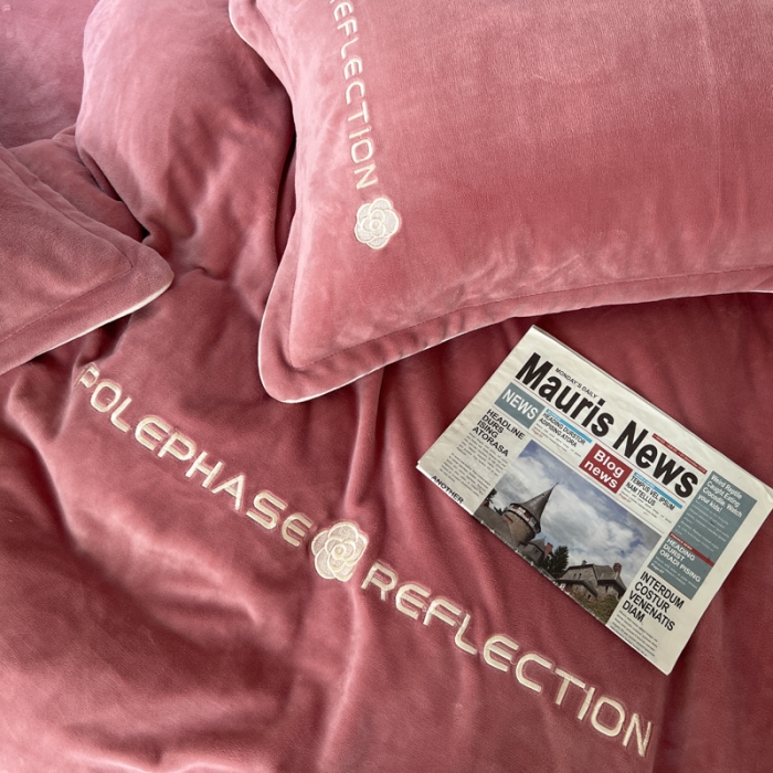 91家纺网 家纺一手货源 找家纺 安妮 2022新款高克重牛奶绒刺绣嵌绳四件套-罗缦 豆沙红