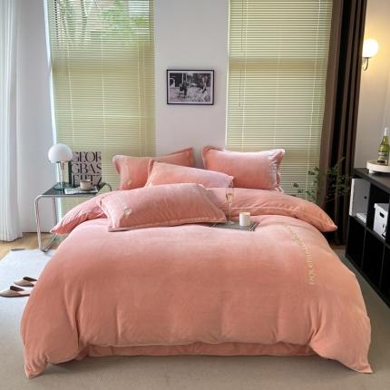 安妮 2022新款高克重牛奶绒刺绣嵌绳四件套-罗缦 蜜桃粉