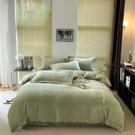 安妮 2022新款高克重牛奶绒刺绣嵌绳四件套-罗缦 牛油果绿