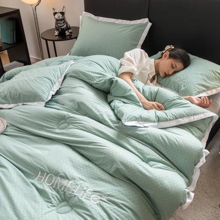 91家纺网 家纺一手货源 找家纺 全季直播A类大豆纤维暖棉绒提花冬被被子被芯 断角花边款森涩绿