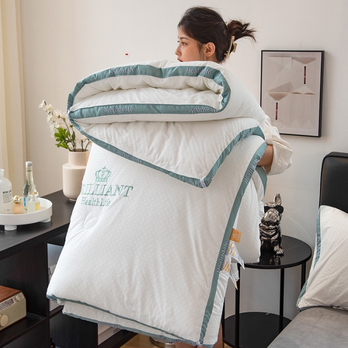 91家纺网 家纺一手货源 找家纺 全季直播A类大豆纤维暖棉绒提花冬被被子被芯 字母立体款艾叶青