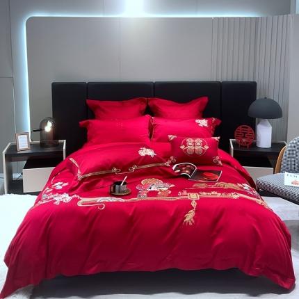 总橘滋2022秋冬高端全棉婚庆新品大红重工刺绣四件套家有喜事