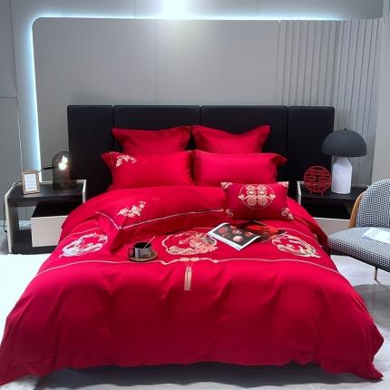 总橘滋 2022秋冬高端全棉婚庆新品大红重工刺绣四件套龙凤情