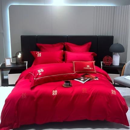 总橘滋 2022秋冬高端全棉婚庆新品大红重工刺绣四件套喜临门