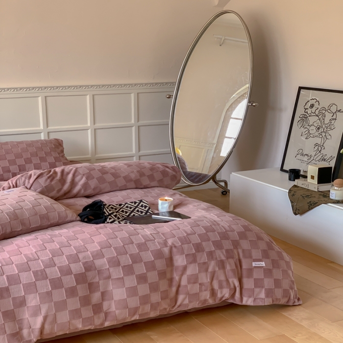 91家纺网 家纺一手货源 找家纺 洋铭区 2022新款复古棋盘格四件套 复古棋盘格-豆沙