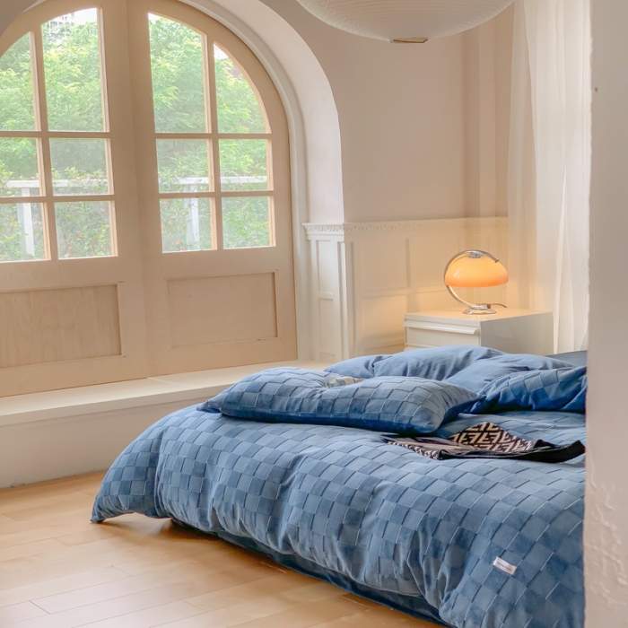 91家纺网 家纺一手货源 找家纺 洋铭区 2022新款复古棋盘格四件套 复古棋盘格-蓝