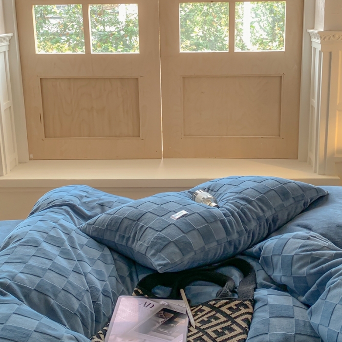 91家纺网 家纺一手货源 找家纺 洋铭区 2022新款复古棋盘格四件套 复古棋盘格-蓝