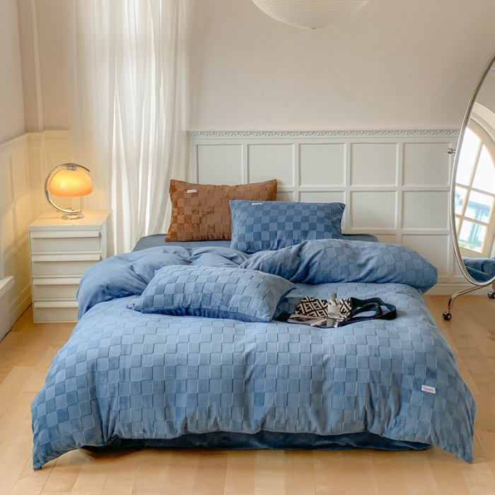 91家纺网 家纺一手货源 找家纺 洋铭区 2022新款复古棋盘格四件套 复古棋盘格-蓝