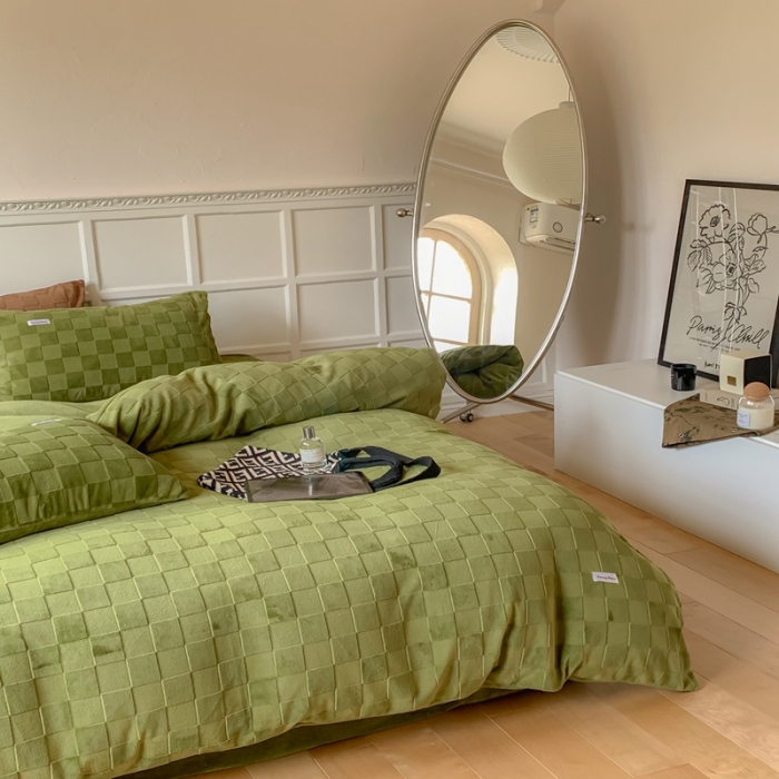 91家纺网 家纺一手货源 找家纺 洋铭区 2022新款复古棋盘格四件套 复古棋盘格-绿