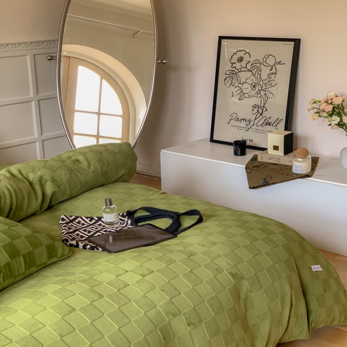 91家纺网 家纺一手货源 找家纺 洋铭区 2022新款复古棋盘格四件套 复古棋盘格-绿