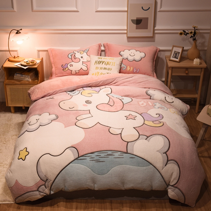 91家纺网 家纺一手货源 找家纺 懒猫 2022新品大版雪花绒活性印花四件套 独角兽