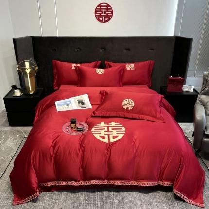 91家纺网 家纺一手货源 找家纺 优悦 2022新款超柔亲肤磨毛刺绣款婚庆四件套 天作之合