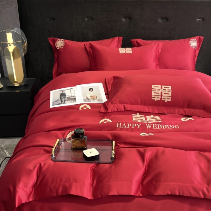 91家纺网 家纺一手货源 找家纺 （总）优悦 2022新款超柔亲肤磨毛刺绣款婚庆四件套