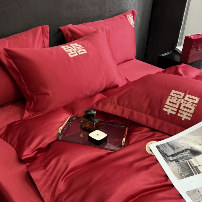 91家纺网 家纺一手货源 找家纺 （总）优悦 2022新款超柔亲肤磨毛刺绣款婚庆四件套