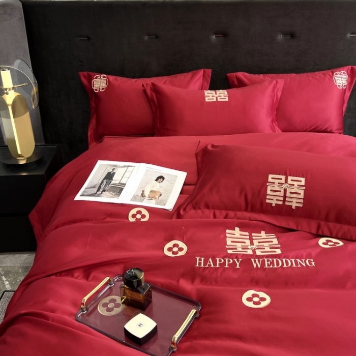 91家纺网 家纺一手货源 找家纺 优悦 2022新款超柔亲肤磨毛刺绣款婚庆四件套 浪漫约定