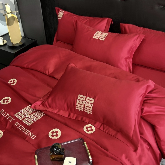 91家纺网 家纺一手货源 找家纺 优悦 2022新款超柔亲肤磨毛刺绣款婚庆四件套 浪漫约定