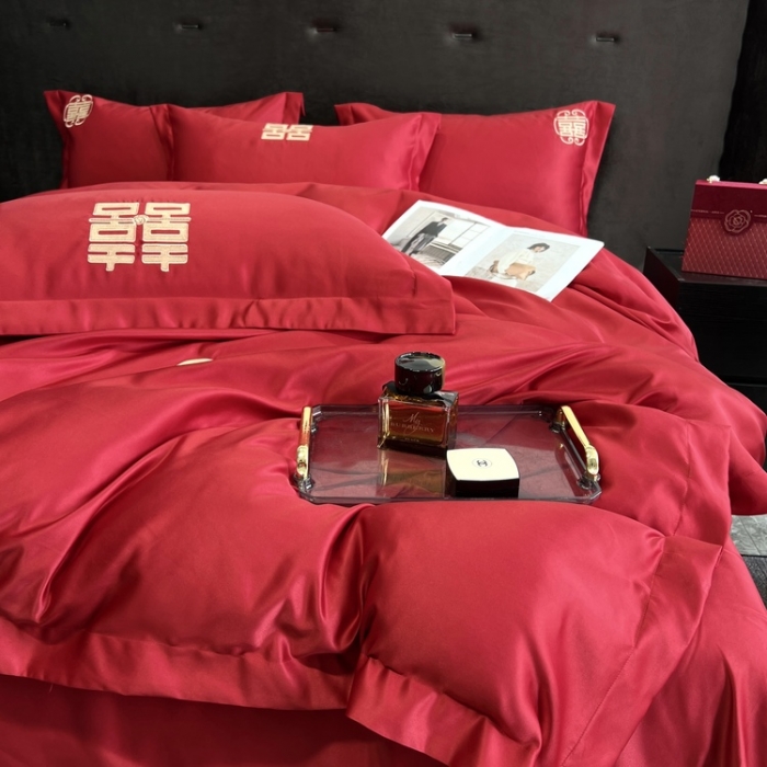 91家纺网 家纺一手货源 找家纺 优悦 2022新款超柔亲肤磨毛刺绣款婚庆四件套 浪漫约定