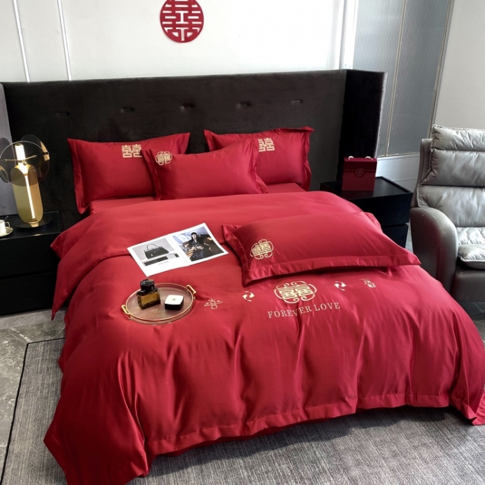 91家纺网 家纺一手货源 找家纺 优悦 2022新款超柔亲肤磨毛刺绣款婚庆四件套 情意绵绵