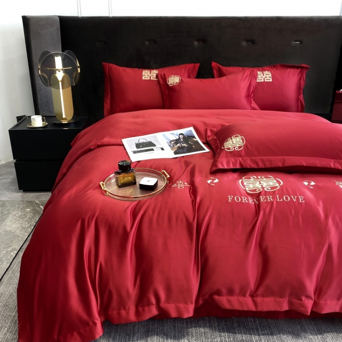 91家纺网 家纺一手货源 找家纺 优悦 2022新款超柔亲肤磨毛刺绣款婚庆四件套 情意绵绵