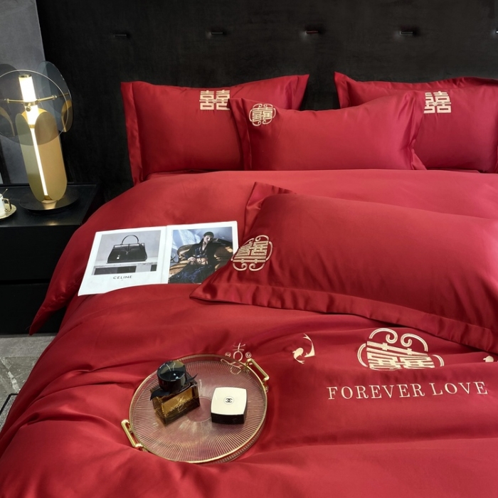 91家纺网 家纺一手货源 找家纺 优悦 2022新款超柔亲肤磨毛刺绣款婚庆四件套 情意绵绵