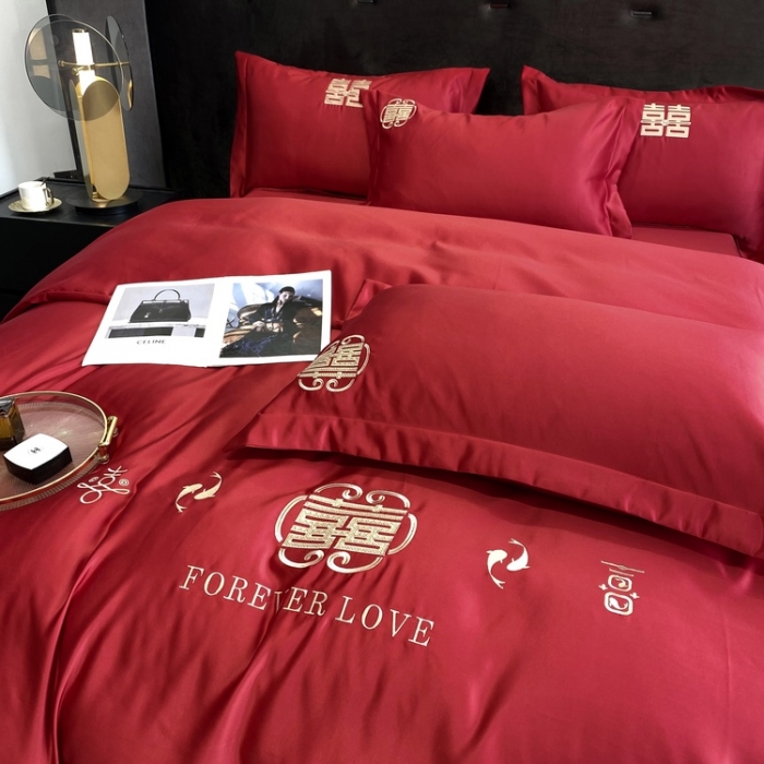 91家纺网 家纺一手货源 找家纺 优悦 2022新款超柔亲肤磨毛刺绣款婚庆四件套 情意绵绵