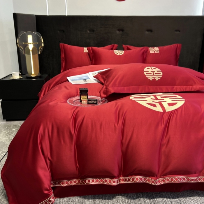 91家纺网 家纺一手货源 找家纺 优悦 2022新款超柔亲肤磨毛刺绣款婚庆四件套 天作之合