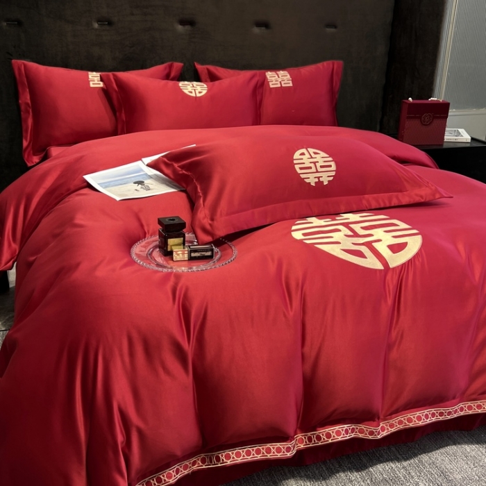 91家纺网 家纺一手货源 找家纺 优悦 2022新款超柔亲肤磨毛刺绣款婚庆四件套 天作之合