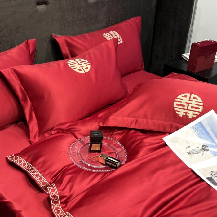 91家纺网 家纺一手货源 找家纺 优悦 2022新款超柔亲肤磨毛刺绣款婚庆四件套 天作之合