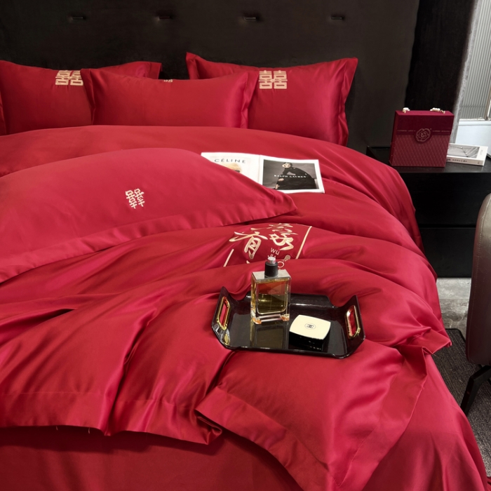 91家纺网 家纺一手货源 找家纺 优悦 2022新款超柔亲肤磨毛刺绣款婚庆四件套 吾家有喜