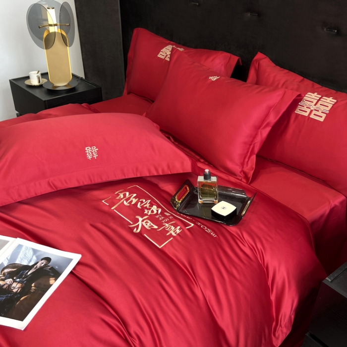 91家纺网 家纺一手货源 找家纺 优悦 2022新款超柔亲肤磨毛刺绣款婚庆四件套 吾家有喜