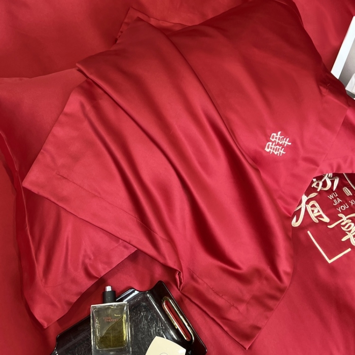 91家纺网 家纺一手货源 找家纺 优悦 2022新款超柔亲肤磨毛刺绣款婚庆四件套 吾家有喜