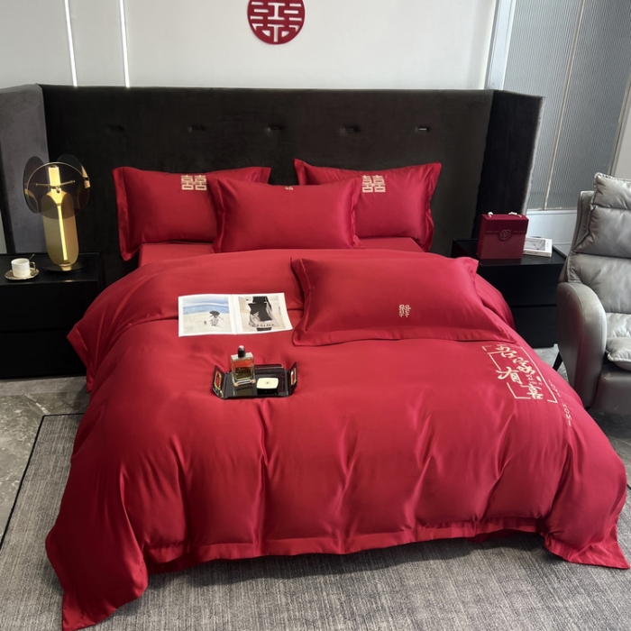 91家纺网 家纺一手货源 找家纺 优悦 2022新款超柔亲肤磨毛刺绣款婚庆四件套 吾家有喜