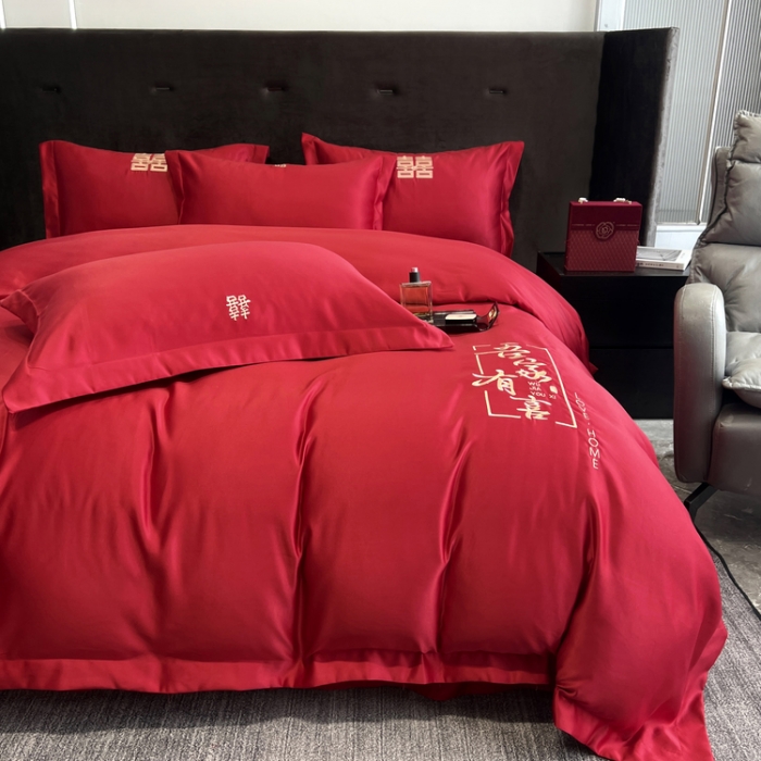 91家纺网 家纺一手货源 找家纺 优悦 2022新款超柔亲肤磨毛刺绣款婚庆四件套 吾家有喜