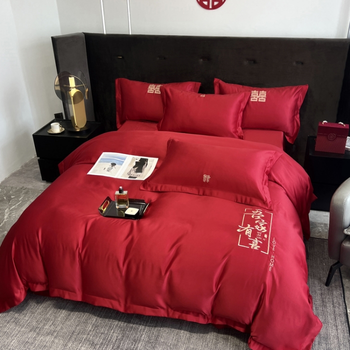 91家纺网 家纺一手货源 找家纺 优悦 2022新款超柔亲肤磨毛刺绣款婚庆四件套 吾家有喜