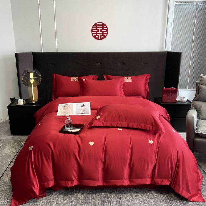 91家纺网 家纺一手货源 找家纺 优悦 2022新款超柔亲肤磨毛刺绣款婚庆四件套 心心相印