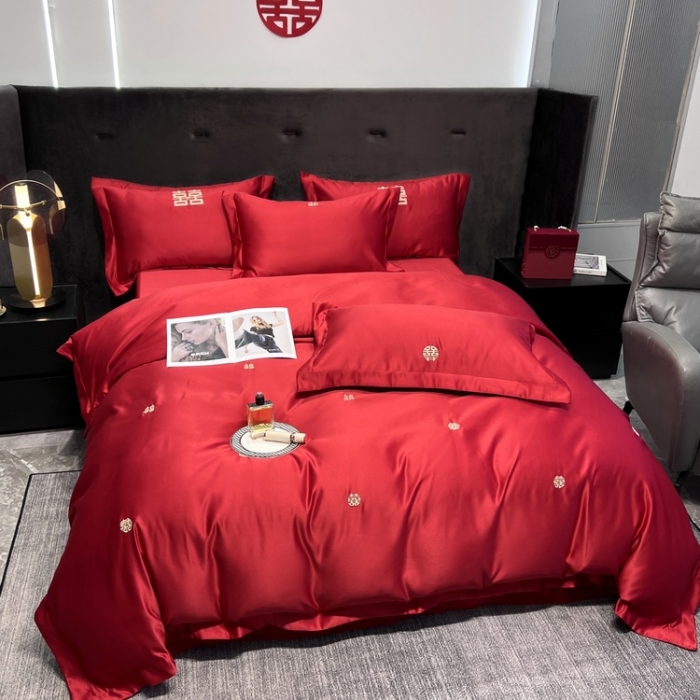 91家纺网 家纺一手货源 找家纺 优悦 2022新款超柔亲肤磨毛刺绣款婚庆四件套 一见钟情