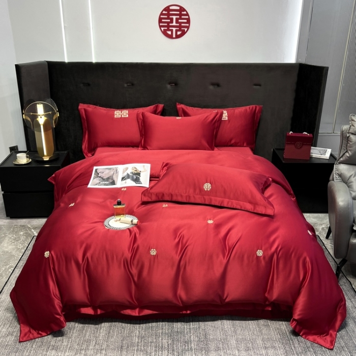 91家纺网 家纺一手货源 找家纺 优悦 2022新款超柔亲肤磨毛刺绣款婚庆四件套 一见钟情