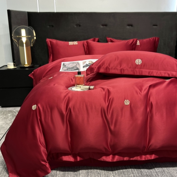 91家纺网 家纺一手货源 找家纺 优悦 2022新款超柔亲肤磨毛刺绣款婚庆四件套 一见钟情