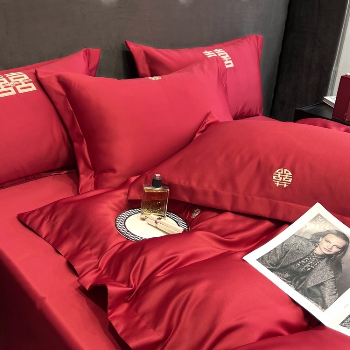 91家纺网 家纺一手货源 找家纺 优悦 2022新款超柔亲肤磨毛刺绣款婚庆四件套 一见钟情