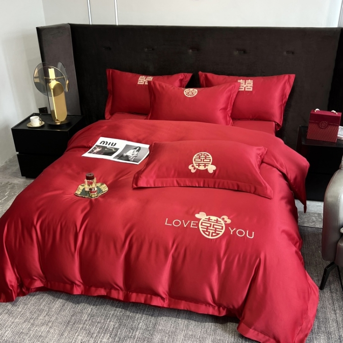 91家纺网 家纺一手货源 找家纺 优悦 2022新款超柔亲肤磨毛刺绣款婚庆四件套 挚爱一生